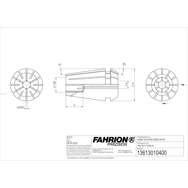 FAHRION 精密夹头，DIN ISO 15488-B16 426E 4.00 RD GERC16-HP Protect - ER 型精密弹簧夹头