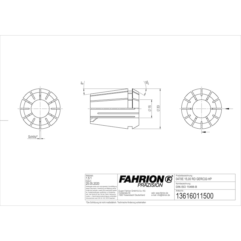 Pince de serrage de précision FAHRION DIN ISO 15488-B32 470E D15.GERC32-HP Protect - Pince de serrage de précision de type ER