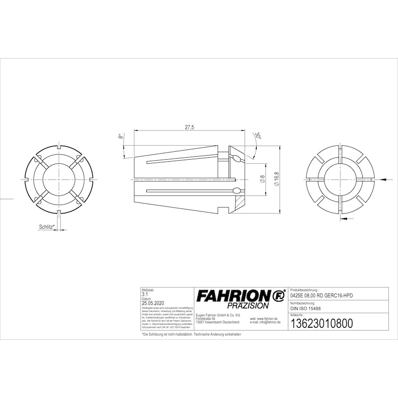 FAHRION 精密夹头 DIN ISO 15488-16 425E D8.00 GERC16-HPD - ER 型精密弹簧夹头