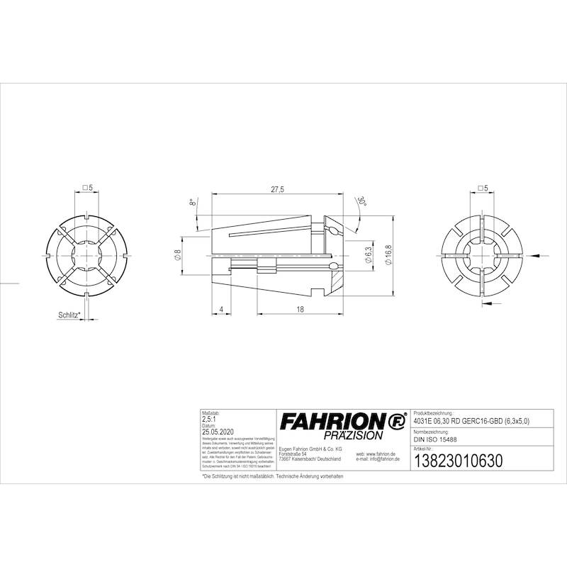 FAHRION kılavuz tutucu DIN ISO 15488-16 4031E, 6,30 mm RD GERC16-GBD - Tip ER kılavuz bağlama adaptörleri