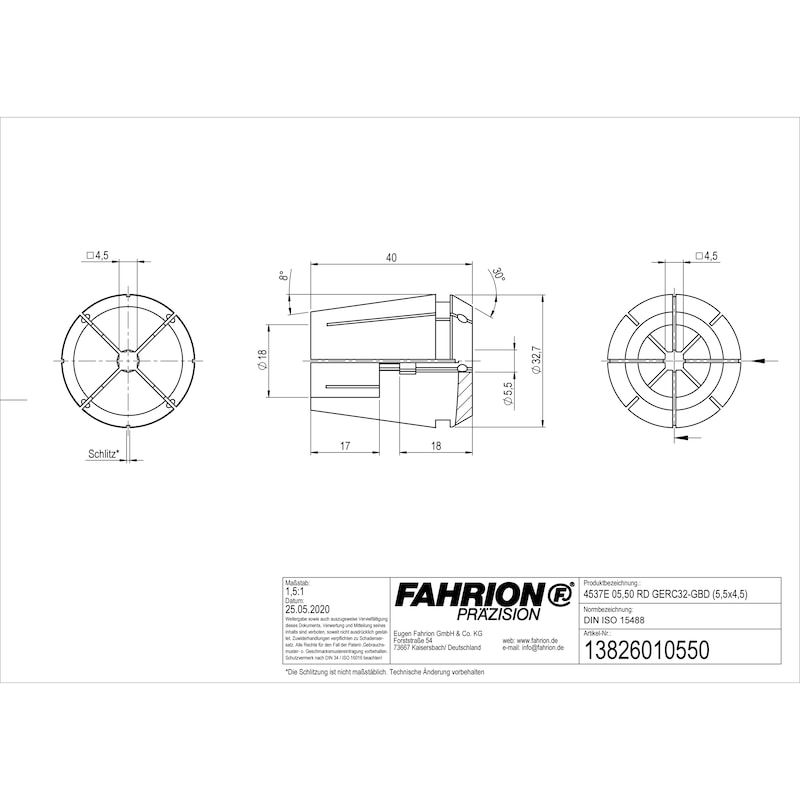 FAHRION kılavuz tutucu DIN ISO 15488-32 4537E, 5,50 mm RD GERC32-GBD - Tip ER kılavuz bağlama adaptörleri