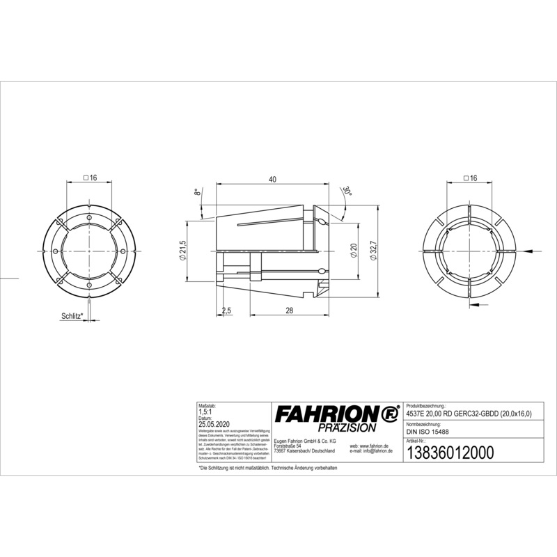 FAHRION kılavuz tutucu DIN ISO 15488-32 4537E, 20,00 mm RD GERC32-GBDD - Tip ER kılavuz bağlama adaptörleri