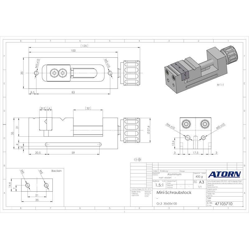 ATORN Mini-Schraubstock 100x35x35 mm Aluminium Spannweite 35 mm Spanntiefe 35 mm - Mini-Schraubstock