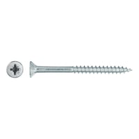 Chipboard screw with milling ribs and head recess bore, zinc plated, Pozidriv