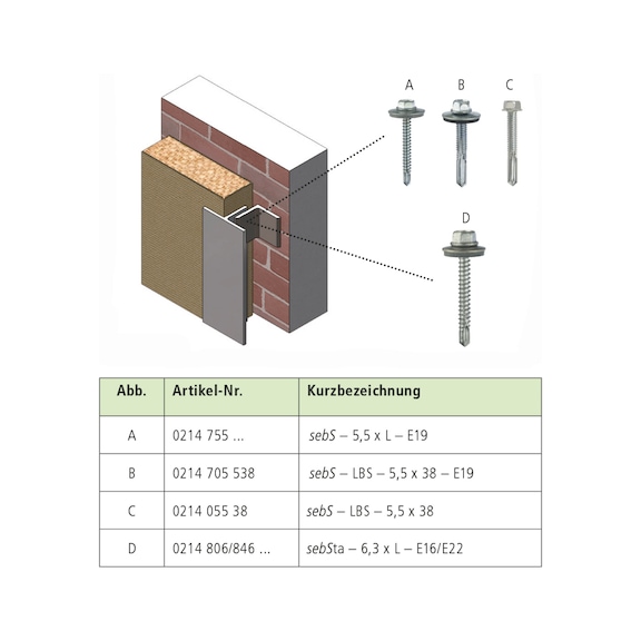 sebS drilling screw, hexagon head with long drill tip, similar to DIN 7504-K galv. - 6