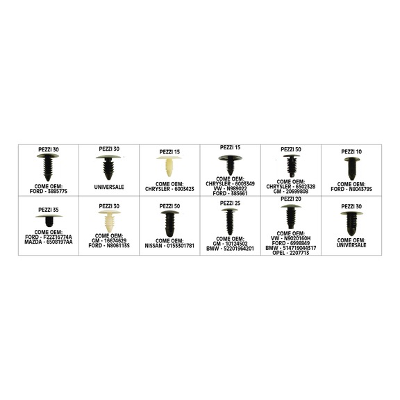 ASSORTMENT OF CLIPS FOR FORD – CHRYSLER – VOLKSWAGEN – GM – MAZDA – NISSAN – BMW – OPEL - ASSORTMENT OF VEHICLE CLIPS FOR VARIOUS MANUFACTURERS