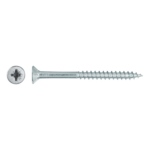 Chipboard screw with milling ribs and head recess bore, zinc plated, Pozidriv - 1