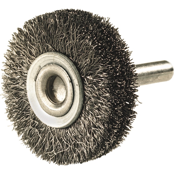 Spindle-mounted wheel brush, stainless steel wire, with spindle