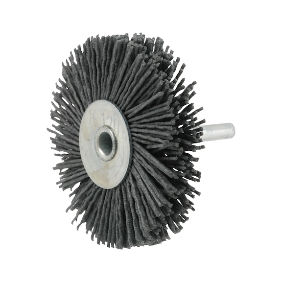 Spindle-mounted wheel brush with abrasive grain and shank