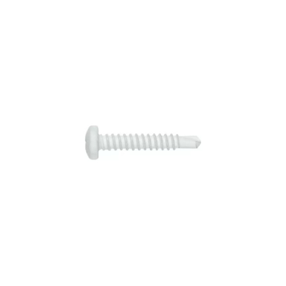 White zinc-plated DIN 7504-N screw, metal on metal