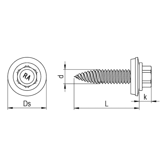 Thin sheet metal screw, hexagon head, steel, bimetallic A2/steel, DS16 RP-T2 - 2