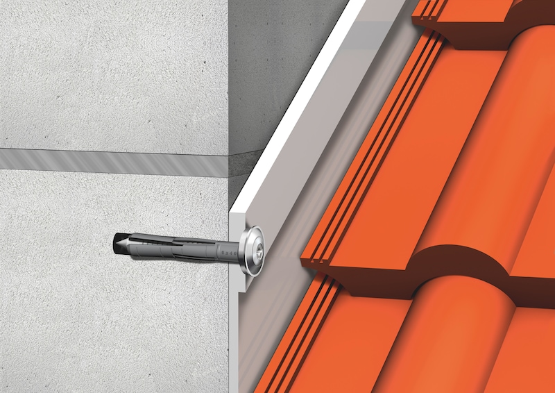 Befestigung einer Dachverwahrung in Porenbeton mit dem Nageldübel SHARK® HAMMER Senkkragen und Spenglerdichtscheibe