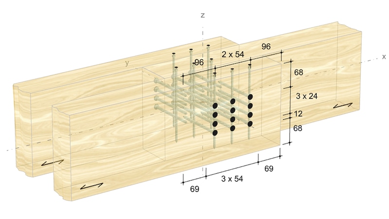 Technische Zeichnung der Verstärkungen in der Holzsoftware