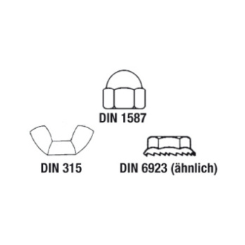 VISO assortment hexagonal nuts, combined, similar to DIN 1587/315/6923 - VISO combined nut assortment, similar to DIN 1587/315/6923, cap nut, wing nut and serrated locking nut, galvanised steel