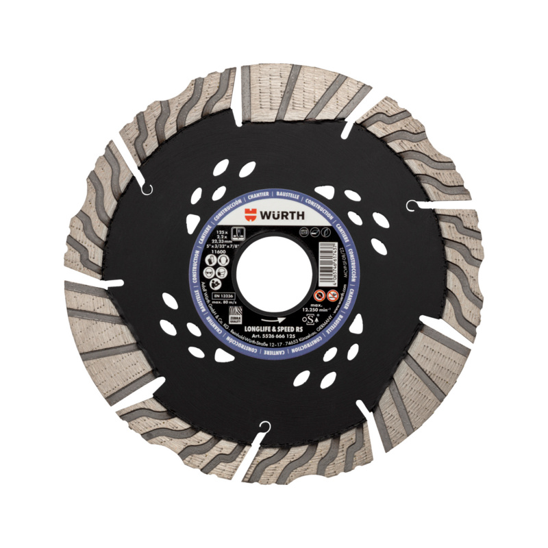 Diamantový řezný kotouč Longlife & Speed RS pro staveniště Prémiový diamantový řezný kotouč speciálně vyvinutý pro všechna stavební odvětví se širokou univerzálností, extrémně dlouhou životností a kvalitou řezu a maximální řeznou rychlostí. Ideální kotouč pro všechny úhlové brusky a drážkovací frézky do zdiva