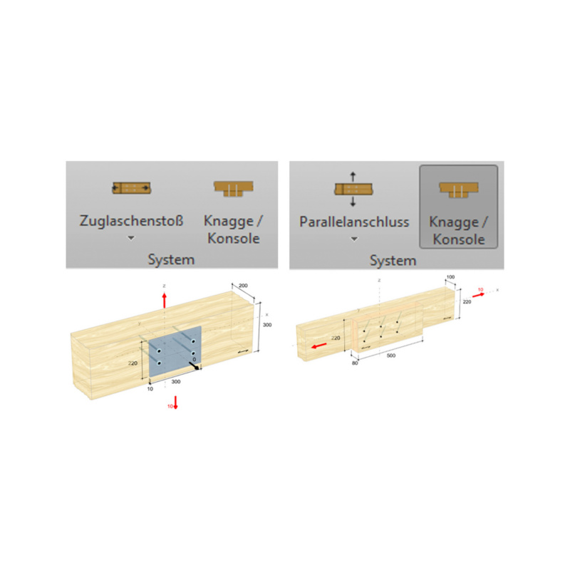 Holzbau - Neue Anwendungs-Möglichkeiten  Neue Anwendungs-Möglichkeiten in den Modulen „Zuglaschenstoß“ und „Parallelanschluß“
