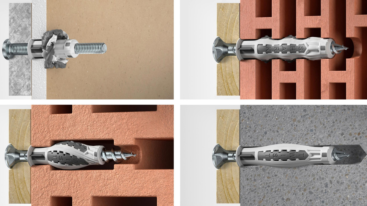 2K-Allzweckdübel SHARK® TWIST im Einbauzustand in verschiedenen Baustoffen