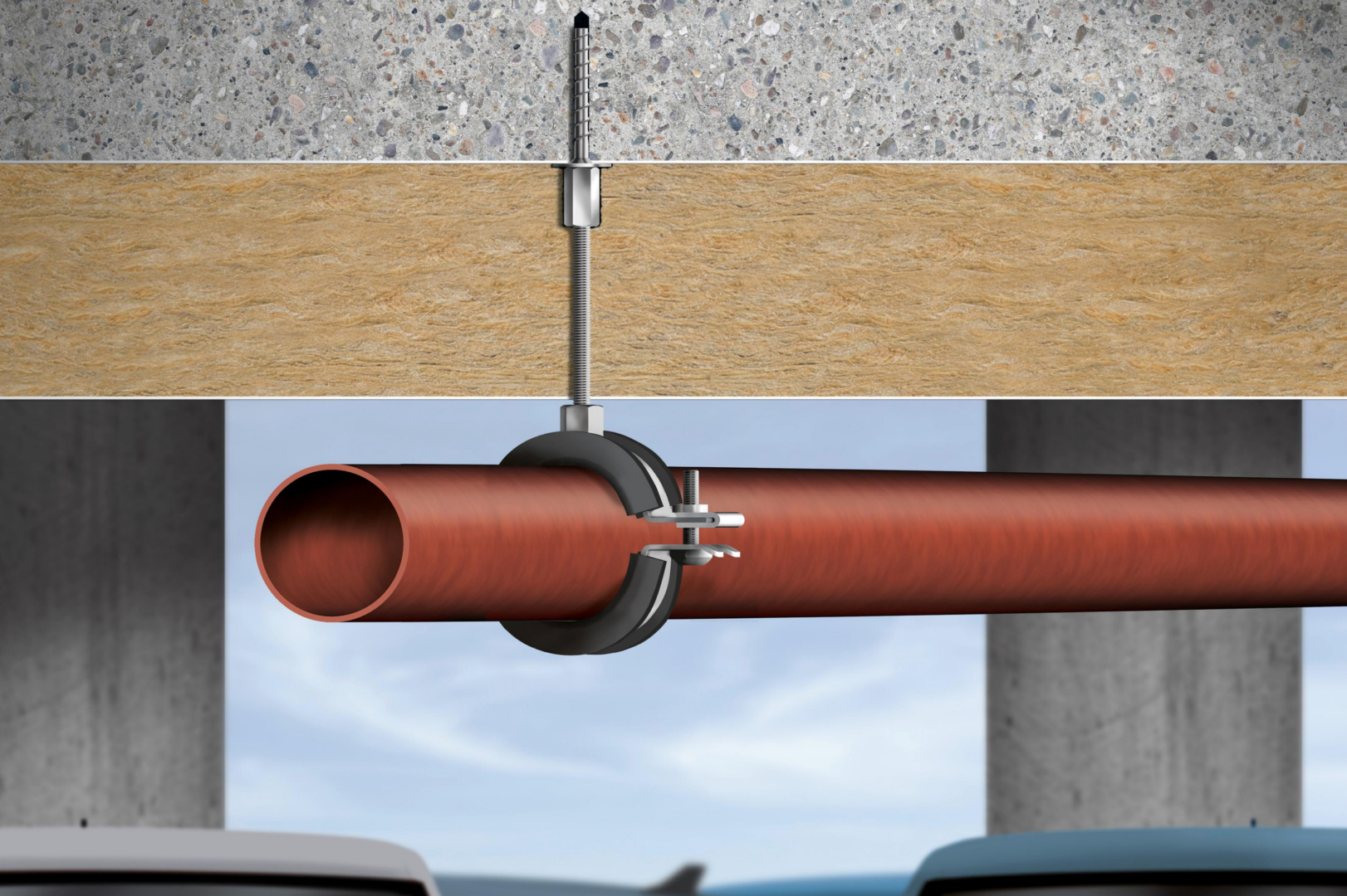 Rohrabhängung mit Gewindestück und Rohrschelle durch Dämmebene